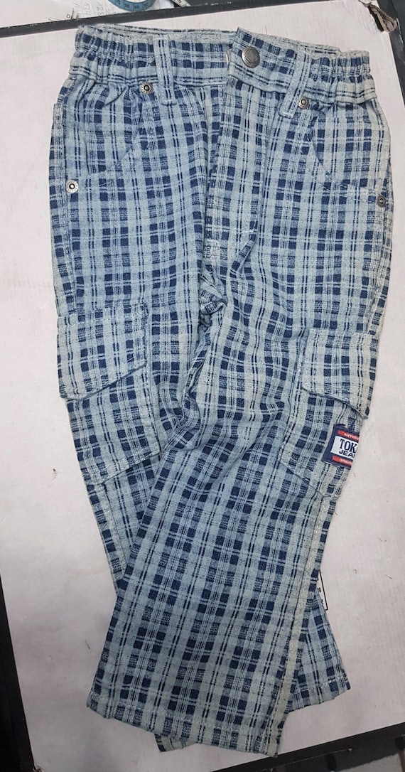 Sale 30% Pants, checked jeans, cargo, pockets, shades of blue, straight fit, zipper/slider, measurements, details, kids, gender, Tokay, vintage