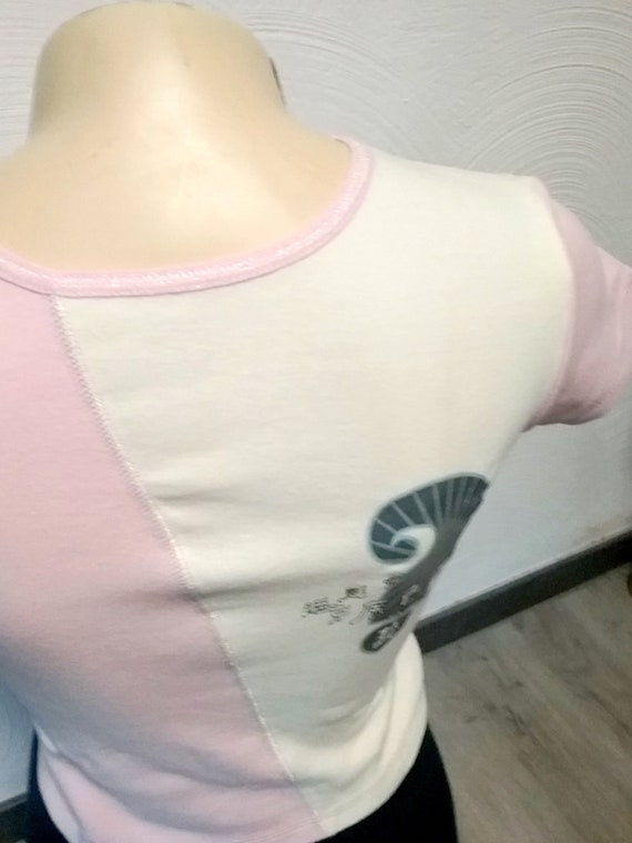 Sale 30% T-Shirt, short sleeve, graphic Asian characters, pink- natural- grey- silver, girls, women, Level One, Vintage
