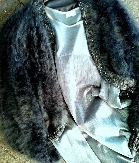handmade, cardigan, 100% Anny Blatt Angora black, sequined edge, lined, high-quality vintage model, original,