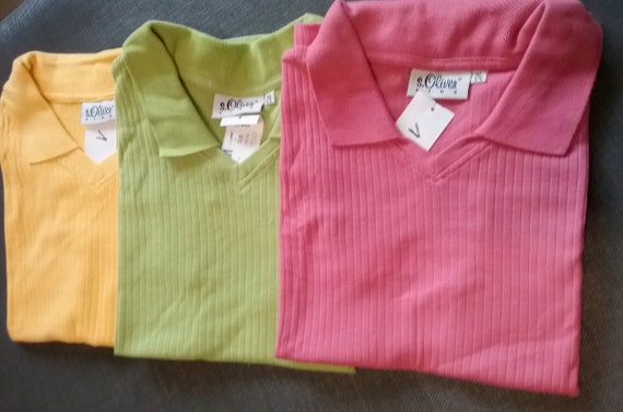 Sale 30% T-shirt/tank top, short sleeve or sleeveless, pink-yellow-green, V-neck, cotton, ribbed, girls, women, girls, S.Oliver, vintage