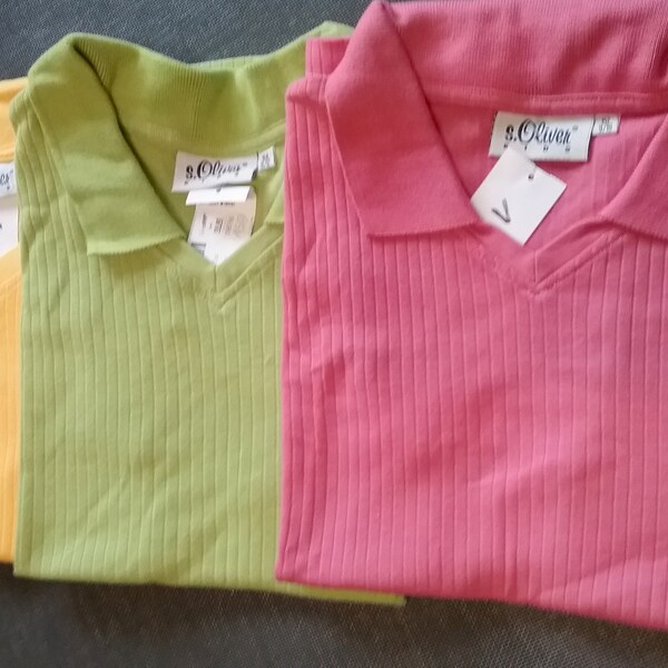 T-shirt + tank top, short sleeve or sleeveless, pink- yellow- green, V-neck, cotton, ribbed, girls, women, girls, S.Oliver, vintage