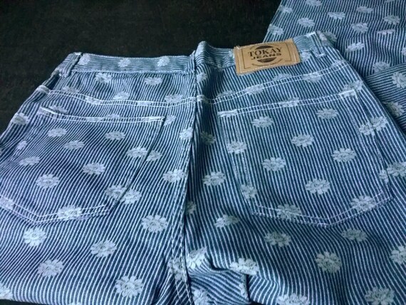 Pants, flared trousers, denim, striped, blue and white with flowers, cotton, size information, girls, women, young fashion, Tokay, vintage