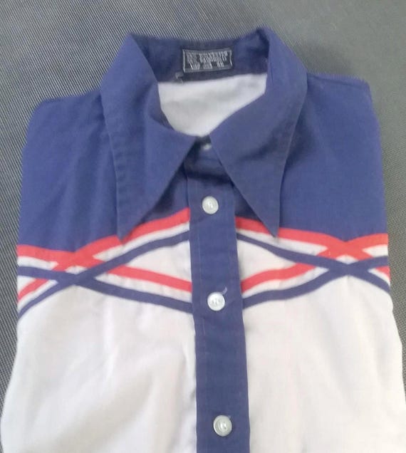 Sale 30% blouse, shirt-blouse, pointed collar, grey-blue-red, size 44/46, cotton, vintage, secondhand