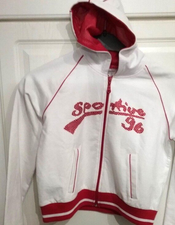 Sale 50% jacket, sweat jacket, hooded jacket, hoodie, jersey, white with red, 152, size information, vintage