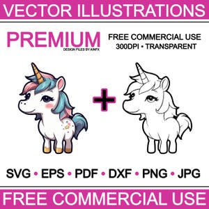 Puede incluir: Un unicornio de dibujos animados colorido con una melena rosa y una cola azul, y un contorno en blanco y negro del mismo unicornio. El texto "FREE COMMERCIAL USE" está en la parte superior de la imagen.