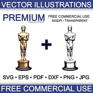 Puede incluir: Una ilustración vectorial dorada y negra de una estatuilla de los Oscar. La imagen incluye el texto "VECTOR ILLUSTRATIONS", "PREMIUM", "FREE COMMERCIAL USE", "DESIGN FILES BY AINFX", "300DPI TRANSPARENT", "SVG EPS PDF DXF PNG JPG" y "FREE COMMERCIAL USE".