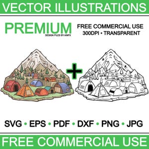 Puede incluir: Una ilustración colorida de un campamento de montaña con tiendas de campaña y un pico de montaña nevado. La ilustración está disponible en versiones de color y blanco y negro.