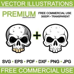 May include: Two black and white cartoon skull illustrations with a grunge texture. The skulls have a menacing expression with black eyes and a toothy grin. The text "FREE COMMERCIAL USE" is at the top of the image.