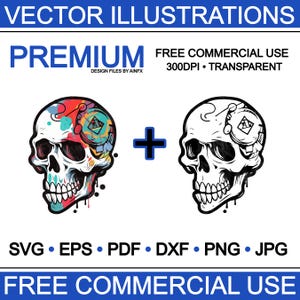 May include: A colorful skull with a geometric design on the side of its head. The skull is outlined in black and has a white background. The skull is next to a black and white version of the same skull.