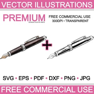Puede incluir: Una ilustración vectorial de una pluma estilográfica en dos estilos: uno con un patrón de mármol marrón y negro y otro en blanco y negro. La ilustración está sobre un fondo blanco e incluye el texto "FREE COMMERCIAL USE".