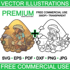 Könnte beinhalten: Eine Cartoon-Illustration eines Goldsuchers, der nach Gold schürft. Der Goldsucher trägt einen Hut, eine Weste und eine Hose. Der Goldsucher sitzt auf einem Haufen Erde und Steinen. Es befinden sich mehrere Goldnuggets in der Pfanne. Die Illustration ist farbig und hat einen Cartoon-Stil. Die Illustration ist auch in Schwarzweiß verfügbar.