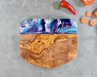 Cheese Board with Purple Resin Art 21cm | Rustic Olive Wood Cutting Board | Unique Birthday Gift Ideas