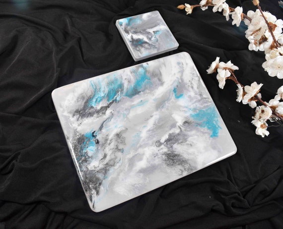 Silver Grey Placemats and Coasters for Dining Table in ANY SIZE - Resin Art with Turquoise Streak