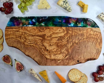 Large Cheese Serving Board 50cm - Iridescent Peacock Colours - Luxury Chopping Board