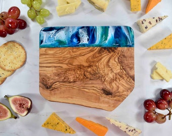 Rustic Cutting Board Olive Wood 21x15cm | Wooden Cheese Board | Ocean Blue Resin Art | Gift for Fathers Day