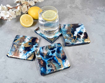 Drinks Coasters with Blue Gold Bronze Abstract Art | Resin Placemat | Fathers Day Gift Ideas