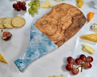 Light Blue Chopping Board - Olive Wood Cheese Board with Handle - Blue White Silver Kitchen Decor