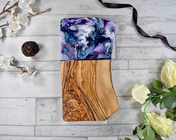 Cutting Board with Purple Resin Art 30cm | Rustic Olive Wood | 40th Birthday Gift Idea