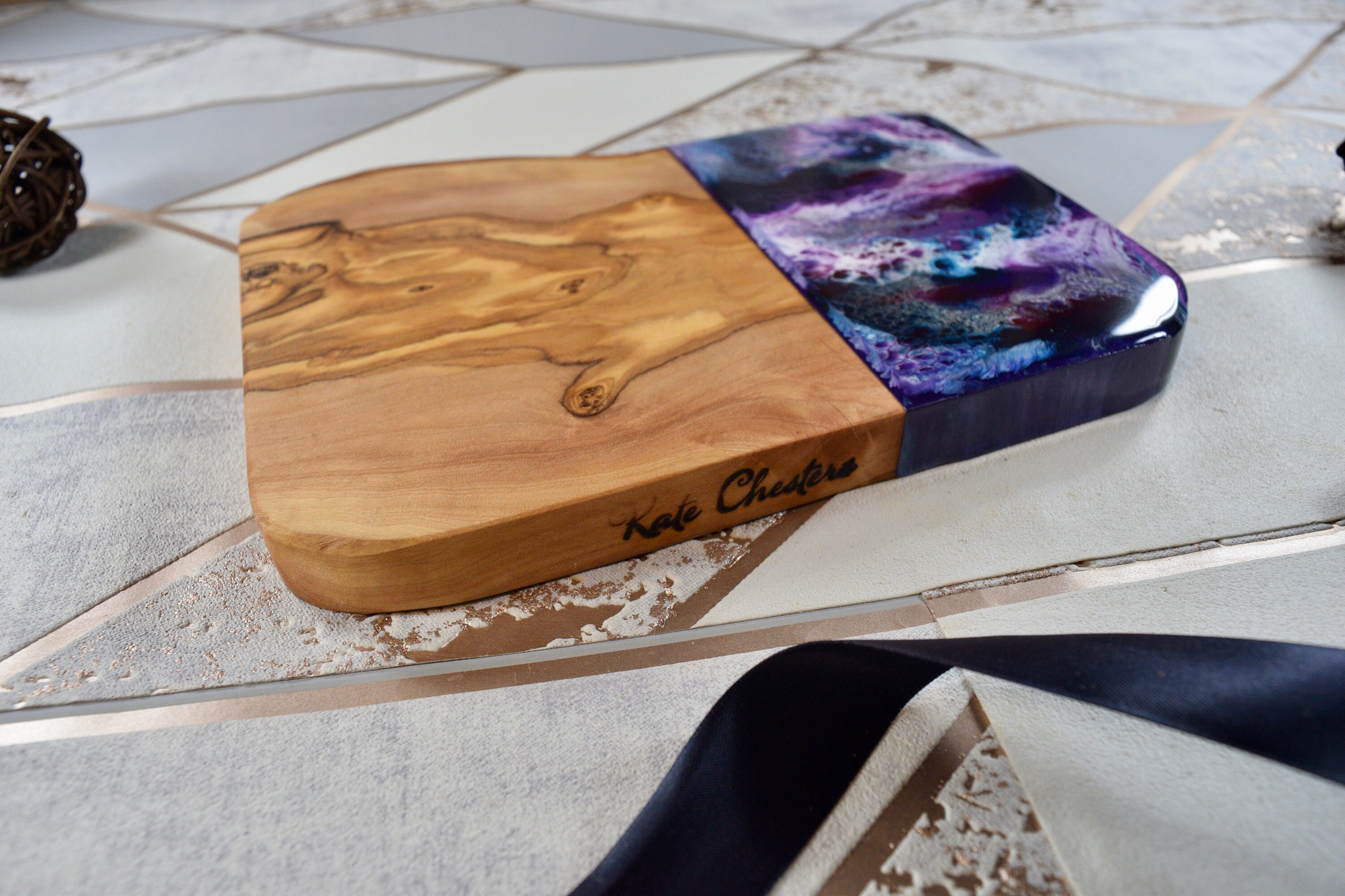 Cheese Charcuterie Board with Purple Resin Art 21cm Olive Etsy