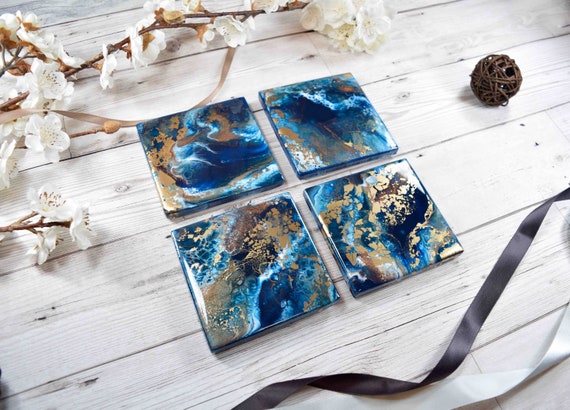 Drinks Coasters with Blue Gold Bronze Abstract Art
