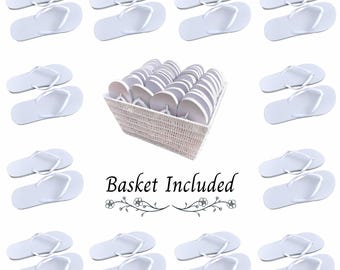 40 Pairs White Wedding Flip Flops Bulk with White Wicker Basket - One Size Fits All