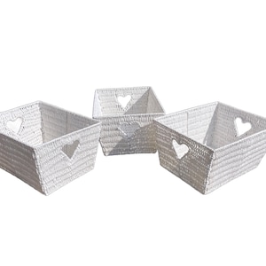 Set van 3 witte rieten opbergmanden 43 x 33 x 23 cm - geweven wasmand met uitgesneden hart - decoratieve opberger