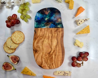 Olive Wood Cheese Board 30 x 15 cm - Blue Gold Bronze Kitchen Decor - Cheese Slicing Board - Foodie Gifts