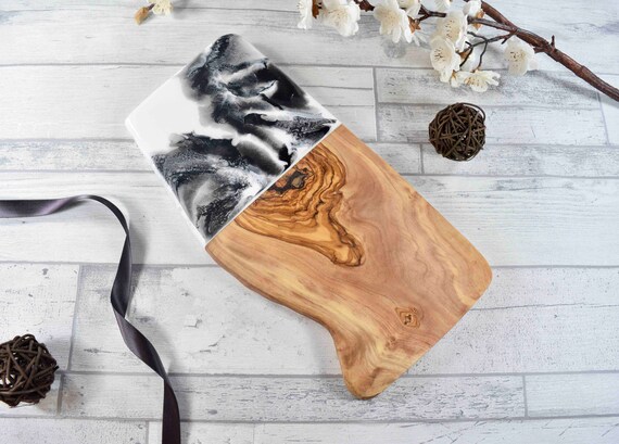 Luxury Chopping Board with White Black Resin Art 30cm | 5th Wedding Anniversary Gift | Olive Wood Cutting Board