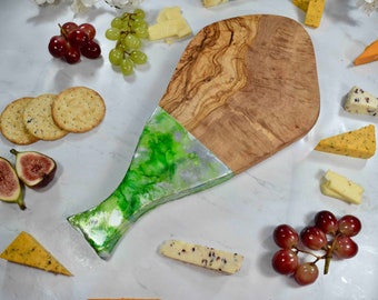 Cheese Sharing Board 40cm - Olive Wood Cutting Board with Green Silver Resin Art