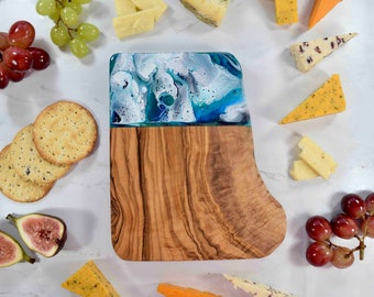 Cheese Board with Ocean Inspired Resin Art 21cm | Olive Wood Cutting Board | Unique Gift for Nature Lover