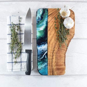 Cheese Board with Blue Green Resin Art 30cm | 5th Wedding Anniversary Gift Idea | Wood Cutting Board