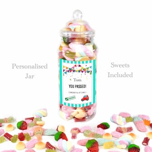 Geslaagd voor rijexamen gepersonaliseerde snoeppot met snoep inbegrepen - aangepaste bericht Pick n Mix-cadeaupot
