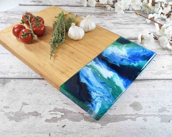 Large Cutting Board 45cm | Wooden Chopping Block | Ocean Inspired Coastal Home Decor | Turquoise Resin Art