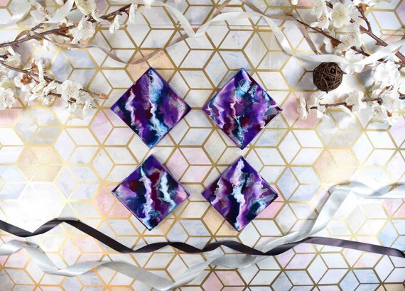 Purple Drinks Coasters - Resin Art Placemats - Violet Home Decor