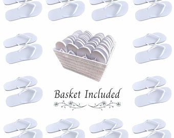 60 Pairs White Wedding Flip Flops Bulk | Basket Included | One Size Fits All