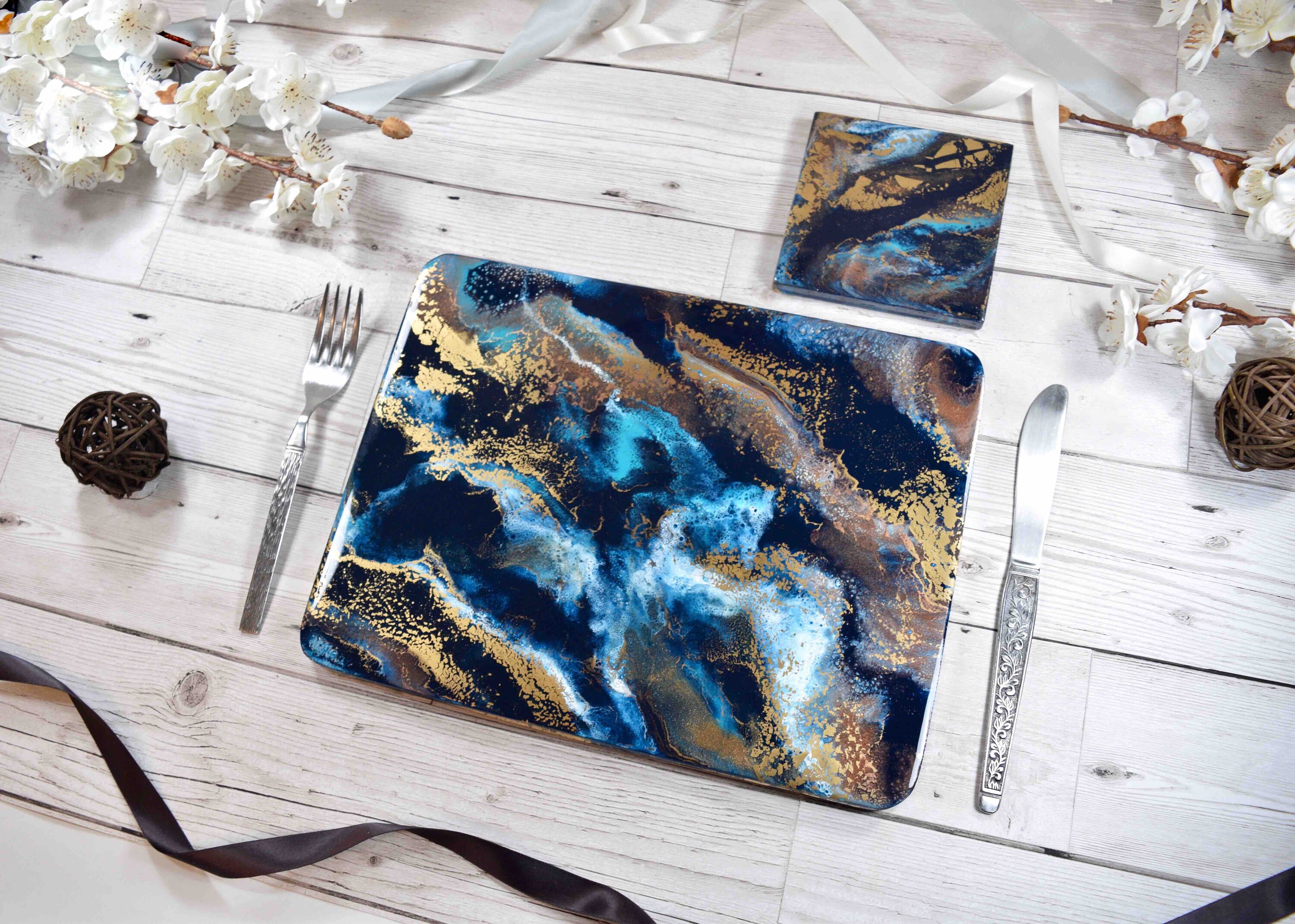 Blue Gold and Bronze Resin Art Placemats Set in ANY SIZE Etsy