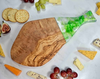 Cheese Sharing Board 40cm - Olive Wood Cutting Board with Green Silver Resin Art