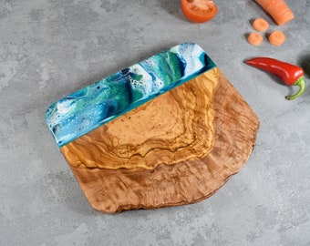 Rustic Cutting Board Olive Wood 21x15cm | Natural Edge Wooden Cheese Board | Ocean Blue Resin Art | Gift for Father