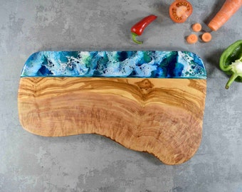 Large Rustic Olive Wood Board with Blue Green Resin 40cm | Mothers Day Luxury Presents | Cheese Slicing Board