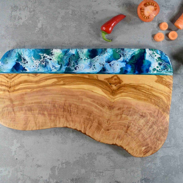 Large Rustic Olive Wood Board with Blue Green Resin 40cm | Fathers Day Luxury Presents | Cheese Slicing Board