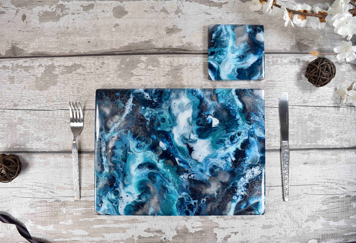 Set of 6 Resin Placemats and Coffee Table Coasters Navy Blue Etsy