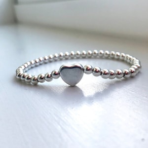 Silver Bead Bracelet with Heart Connector on Elastic Silver Stretch Bracelet 4mm Silver Ball Bracelet Stretch Band Silver Heart Stretch Bead
