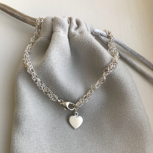 Sterling Silver Bracelet with Heart Charm, Multi-Chain Design