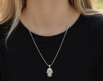 Sterling Silver Hamsa Pendant Necklace, Evil Eye Charm