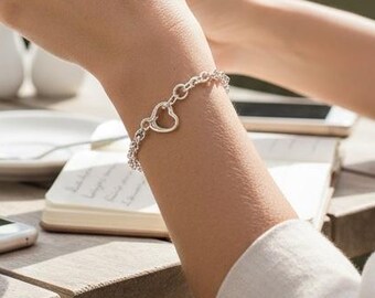 Sterling Silver Heart Connector Bracelet - Dainty Open Heart Charm