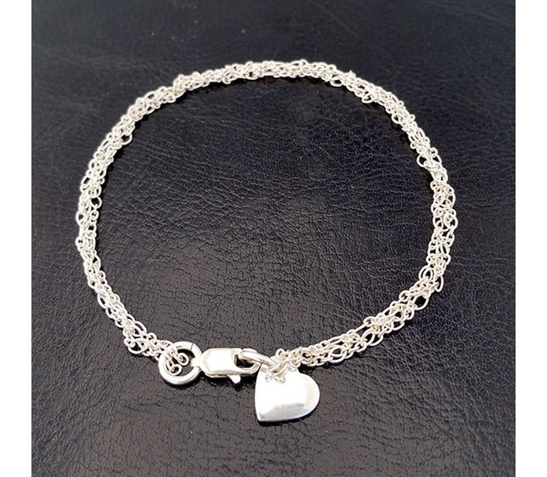 Womens 925 Sterling Silver bracelet Minimalist bracelet Flat heart charm bracelet for girls multistrand dainty silver bracelet for women