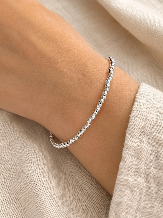 Silver Disco Ball Bead Bracelet, 3mm Diamond Cut