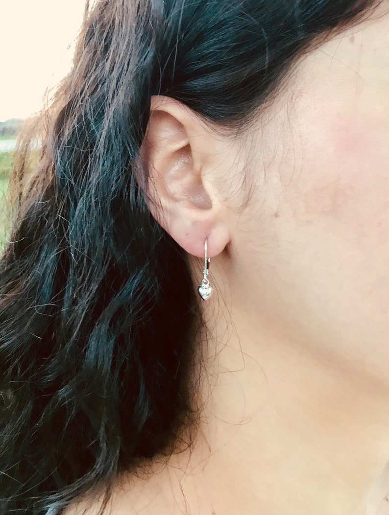 Sterling Silver tiny heart earrings Dangle Heart Earring Drop Heart Earrings Small Heart Earrings Silver Loop Earrings Silver Hook Earrings