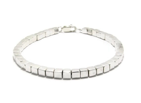 Silver Square Bead Bracelet Silver Cube Bracelet Womens Square