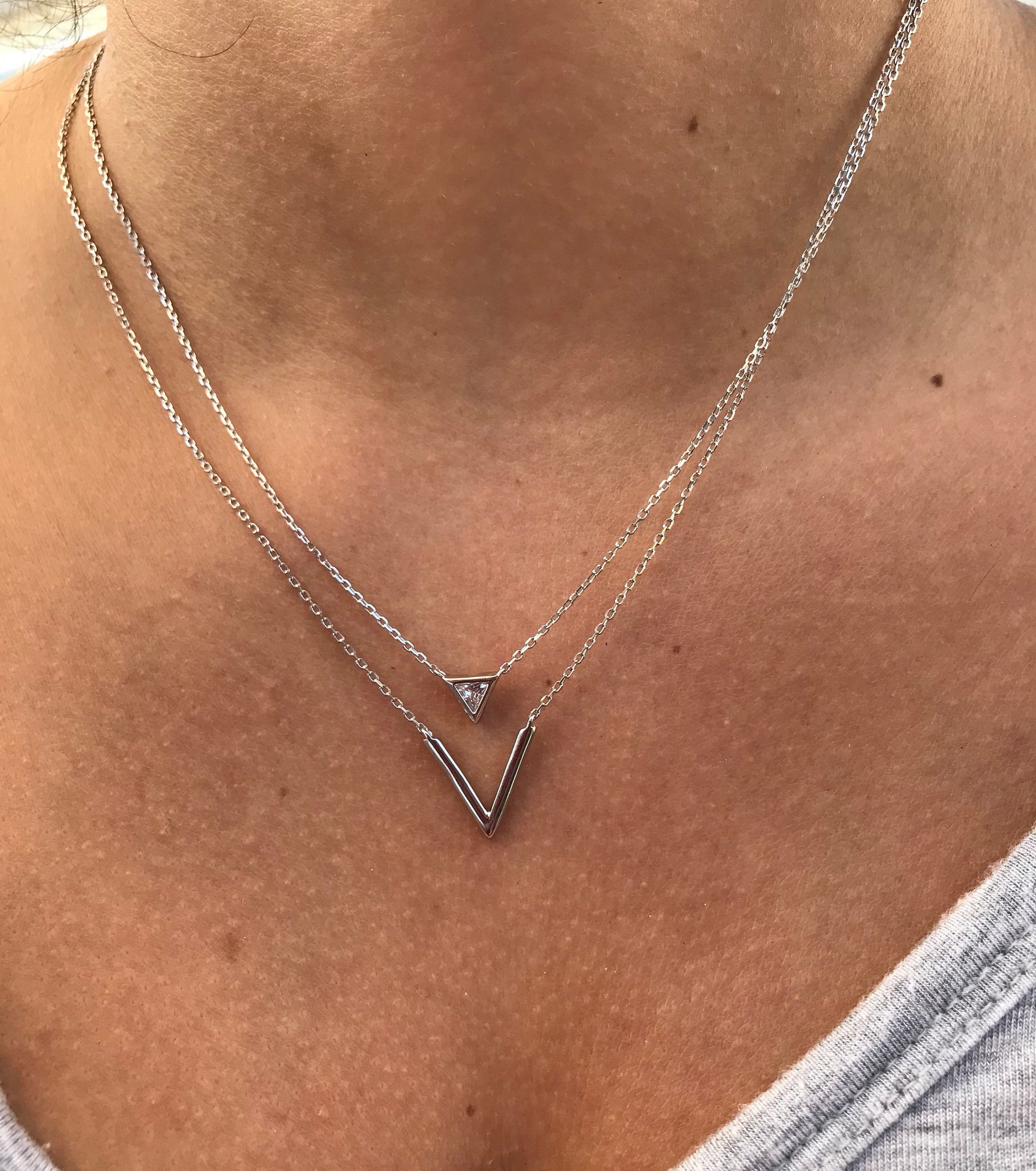 Sterling Silver V Necklace Silver Chevron Necklace Dainty Etsy